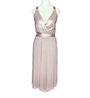 Little Mistress Sequin Pleated Midi Dress US 8 Pink Tie Back Balletcore Coquette